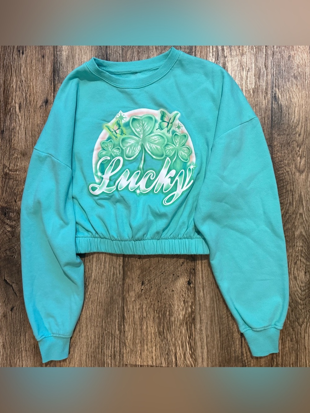 Girls XL 14/16 Lucky Shamrock Cropped Fleece Sweatshirt St Patrickโs Day